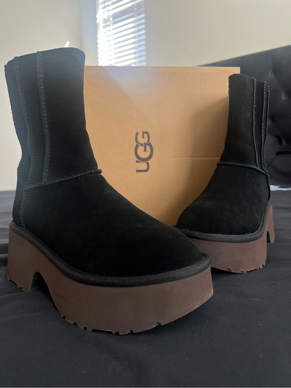 UGG Black Suede Lace-Up Platform Boots with Brown Sole